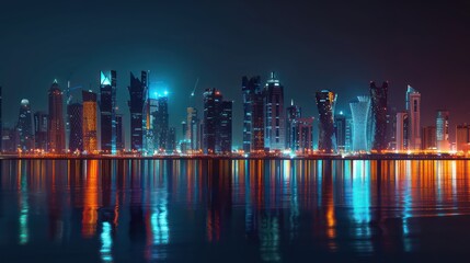 Fototapeta premium realistic cityscape at night in a sunset scenery with beautiful reflections in orange, dark blue and black colors