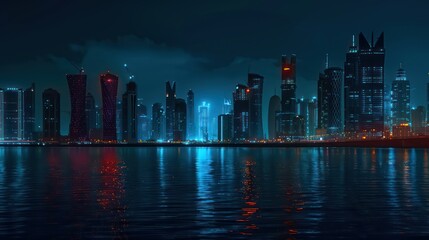 realistic cityscape at night in a sunset scenery with beautiful reflections in orange, dark blue and black colors