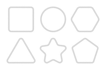Set of rope or cord frames. Square, circle and triangle, hexagon, pentagon and star shapes with thread or cable texture isolated on white background. Vector flat illustration.