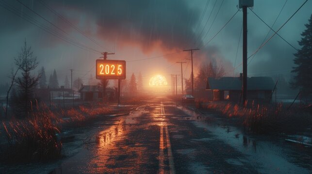 city street featuring a sign that reads 2055 in the aftermath of a nuclear explosion.