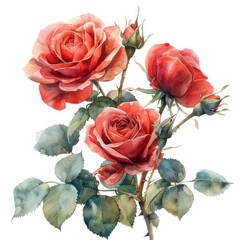 bouquet of red roses in a vivid watercolor illustration on a white background
