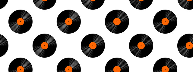 DJ vinyl discs seamless pattern. Reapiting gramophone LP or long play music disks icons isolated on white background. 70s 80s 2000s discotheque nostalgia background. Vector flat illustration.