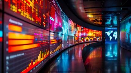 A long futuristic hallway with glowing screens on the walls showing various graphs and data