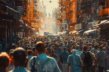 A crowd of people walking down a busy city street. Ideal for urban lifestyle concepts