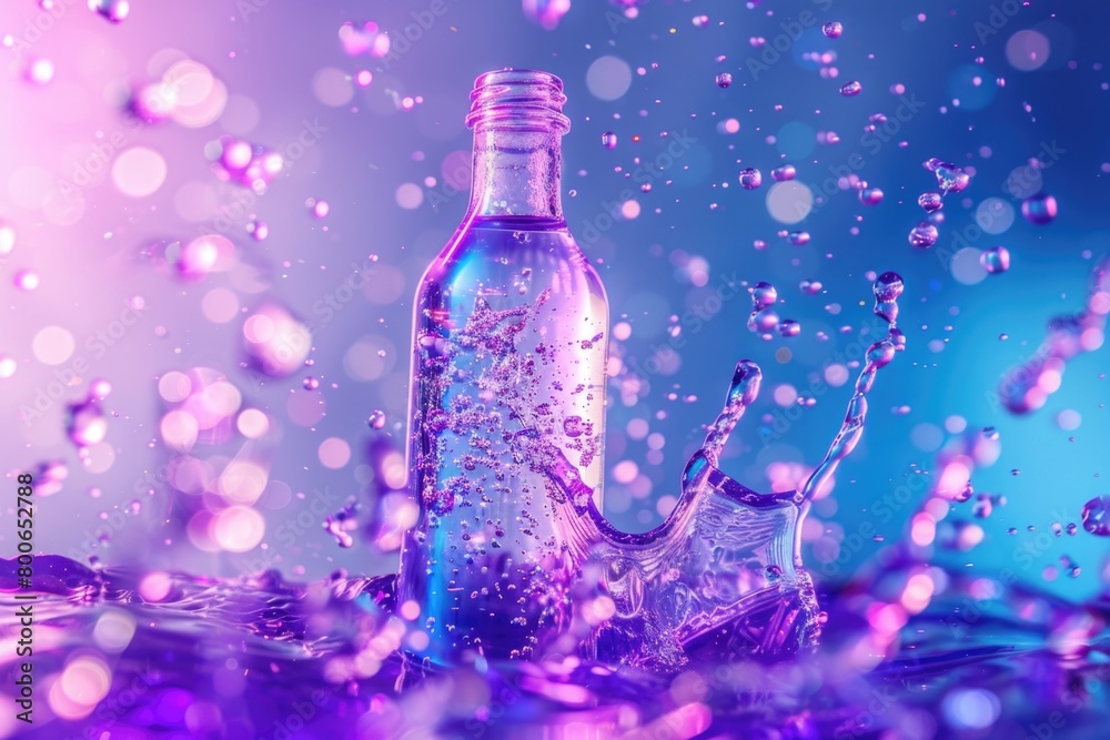 Poster a clear water bottle with a splash of water. perfect for hydration and refreshment concepts