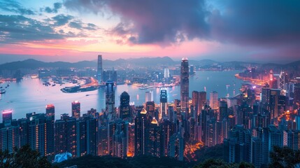 Hong Kong skyline with Victoria Peak, panoramic dusk view