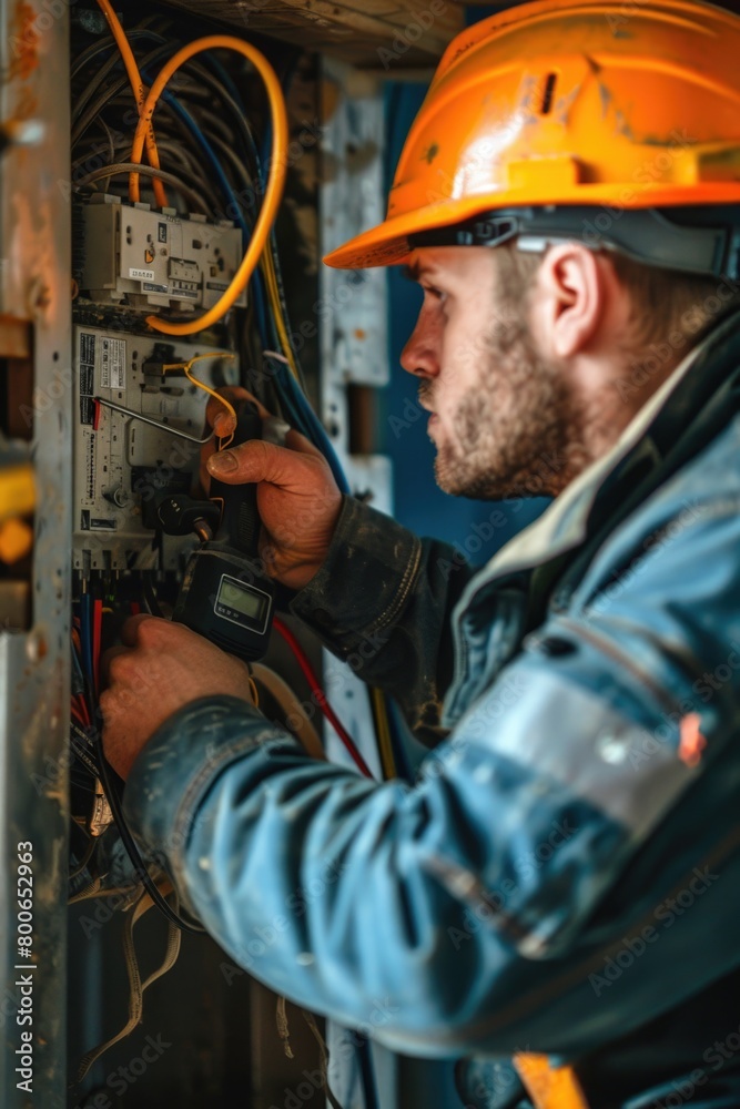 Poster a man in a hard hat working on an electrical device. suitable for construction or industrial concept