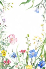 floral border, delicate watercolor flowers, spring colors, wildflowers, white space in the middle