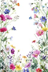floral border, delicate watercolor flowers, spring colors, wildflowers, white space in the middle