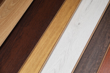 Different samples of wooden flooring as background, flat lay