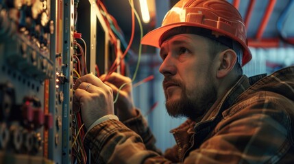 A man in a hard hat working on electrical equipment. Suitable for industrial and construction concepts