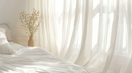 Blank mockup of white curtains with delicate embroidered details adding a touch of femininity to a bedroom or nursery. .