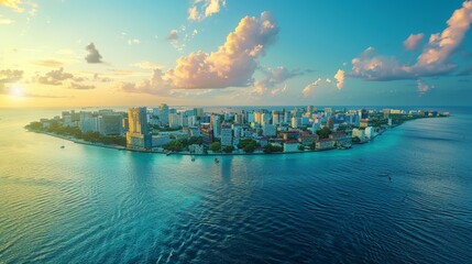 MalÃ© skyline, Maldives, densely populated island capital, --ar 16:9 --stylize 250 Job ID:...