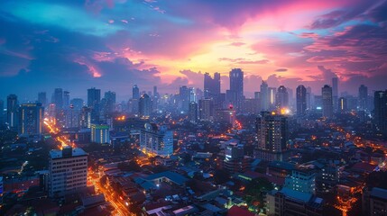 Manila skyline at twilight, bustling city life