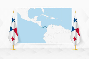 Map of Panama and flags of Panama on flag stand.