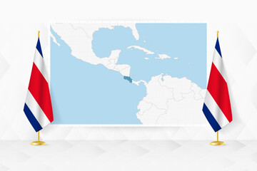 Map of Costa Rica and flags of Costa Rica on flag stand.