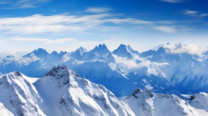 Fototapeta na wymiar Panoramic view of snowy mountains in the clouds. Winter landscape