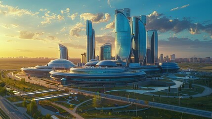 Nur-Sultan skyline, Kazakhstan, futuristic architecture in the steppe