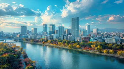 Naklejka premium Osaka skyline with skyscrapers, Japan, vibrant city life