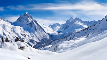 Fototapeta na wymiar Panoramic view of snow-capped mountains in the French Alps