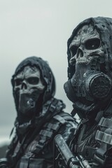 Naklejka premium Two individuals wearing gas masks and holding guns. Ideal for military or post-apocalyptic themed designs