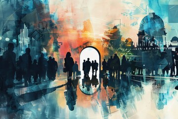 A painting of a crowd of people in a city, suitable for urban themed designs
