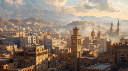 Sana'a skyline, Yemen, ancient architecture and modern conflict