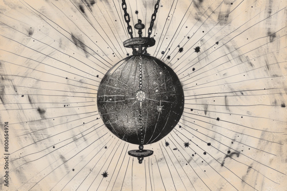 Poster a black and white drawing of a ball hanging from a chain. suitable for educational materials or grap