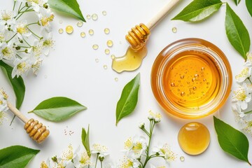 A jar of honey next to a wooden spoon. Perfect for food and kitchen related projects