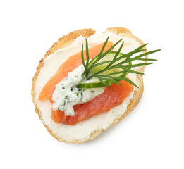 Tasty canape with salmon, cucumber, cream cheese and dill isolated on white, top view