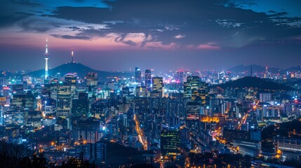 Seoul skyline with Namsan Seoul Tower, vibrant city lights