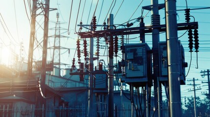 Urban scene with power lines and equipment, perfect for industrial concepts