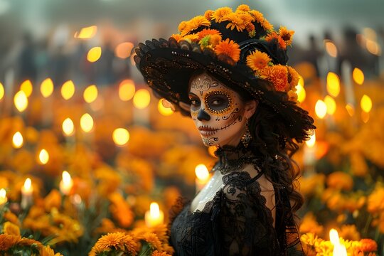 Mujer con maquillaje  de catrina un sombrero negro con flores amarillas y un elegante vestido nego al fondo luces de velas encedidas y flores de cempas&uacute;chil.  Celebracion  del dia de muertos