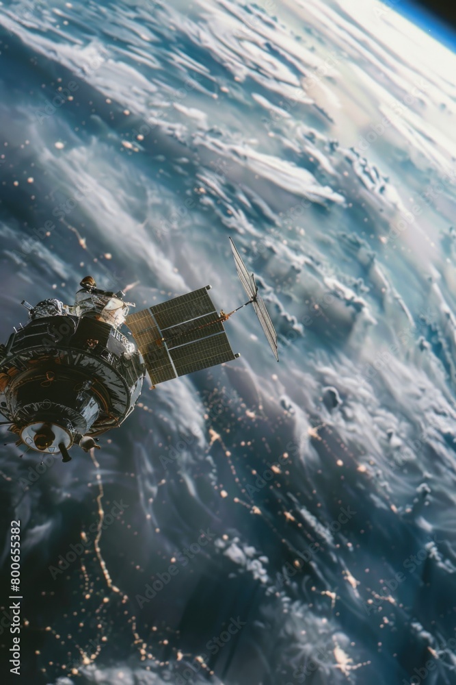 Poster a futuristic space station orbiting in space. suitable for science fiction themes