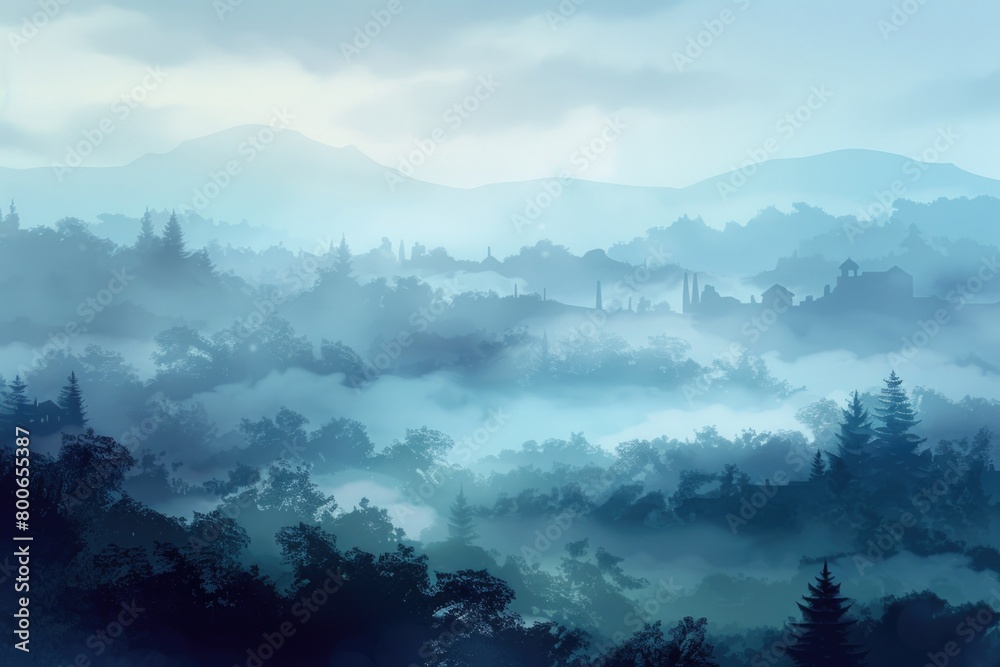 Poster A scenic view of a mountain range with trees in the foreground. Suitable for nature and landscape themes