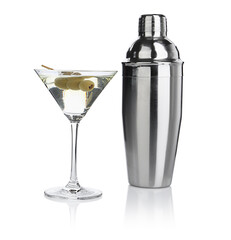 Metal shaker and Martini cocktail isolated on white - obrazy, fototapety, plakaty