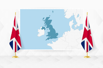 Map of United Kingdom and flags of United Kingdom on flag stand.