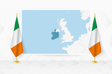 Map of Ireland and flags of Ireland on flag stand.