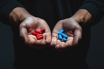 A person holding two pills in their hands. Can be used for medical concepts