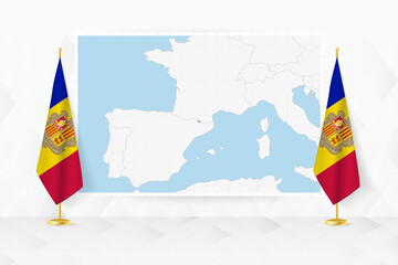 Map of Andorra and flags of Andorra on flag stand.