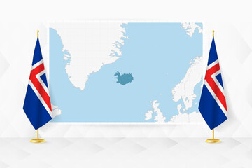 Map of Iceland and flags of Iceland on flag stand.