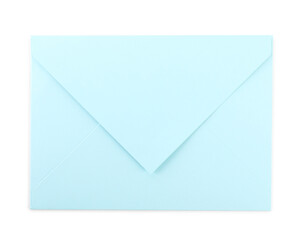 Closed light blue letter envelope isolated on white, top view