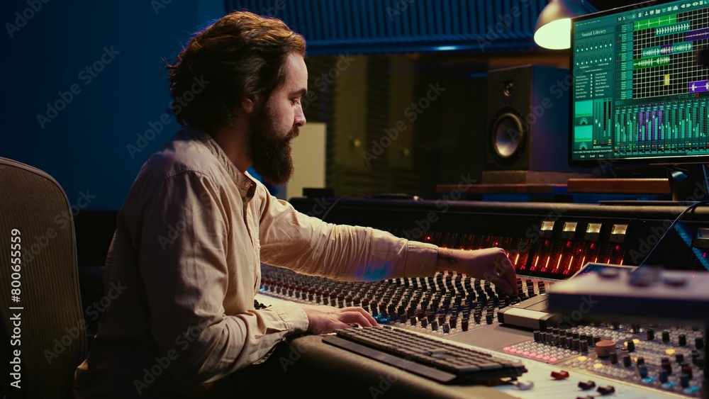 Poster Mixing engineer focuses on blending and balancing individual tunes of a recording to create song, audio editing software in control room. Expert deals with technical aspects of sound. Camera B.
