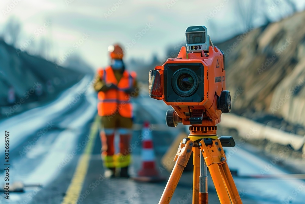 Aufkleber A camera on a tripod set up in the middle of a road. Suitable for photography concepts