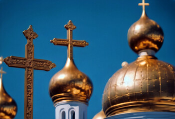 'golden domes day crosses clear blue background sky sunny Christmas Easter Building Architecture Cross Religion Christianity Religious God Prayer Worship Dome Orthodox Holy CathedralChristmas Sky'