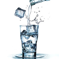 User
crystal-clear glass filled with ice cubes, with water pouring from a bottle creating dynamic splashes against a white background