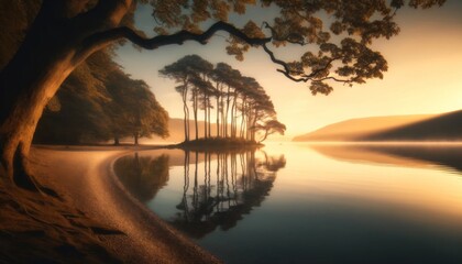 A calm lake mirrors a cluster of trees on a small island during a peaceful, misty sunrise.