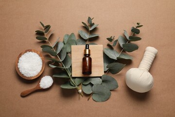 Obraz premium Different aromatherapy products and eucalyptus branches on brown background, flat lay
