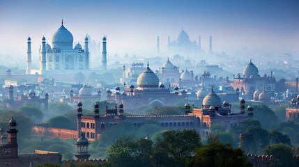 Agra skyline, India, view with the Taj Mahal