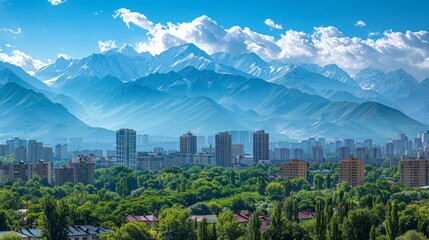 Almaty skyline with mountain backdrop, Kazakhstan, urban nature